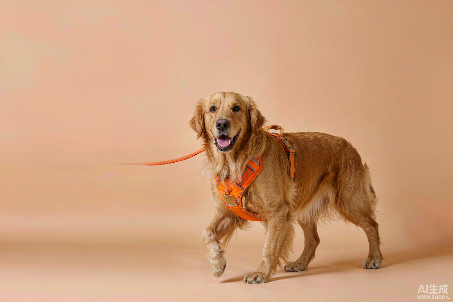 Golden retriever promené en laisse, portant un harnais